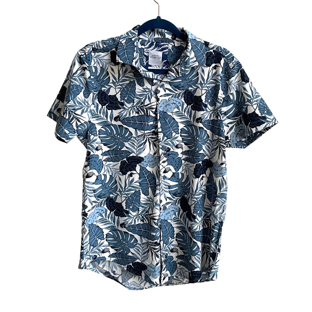Essex Crossing Shirt Mens Small Blue Tropical Floral Stretch Short‎ Sleeve Aloha